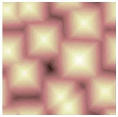 Ergebnis der Computersimulation eines Kristalls mit Pyramidenwachstum, nachdem sich mehr als fünf Milliarden Teilchen auf 512 x 512 Gitterplätzen angeordnet haben (Aufsicht).