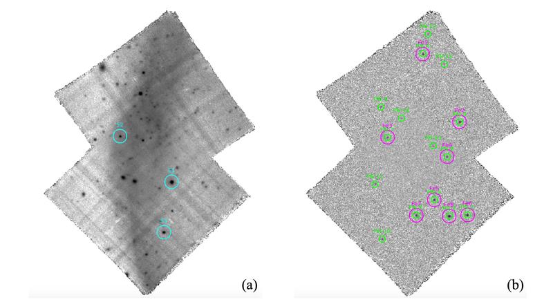 MUSE image data in the two marked fields in the above image of the ring structure of NGC 474. Left: Image in the continuum with the band of unresolved stars. Right: filtered image, from which the planetary nebulae emerge as point sources from the noise.