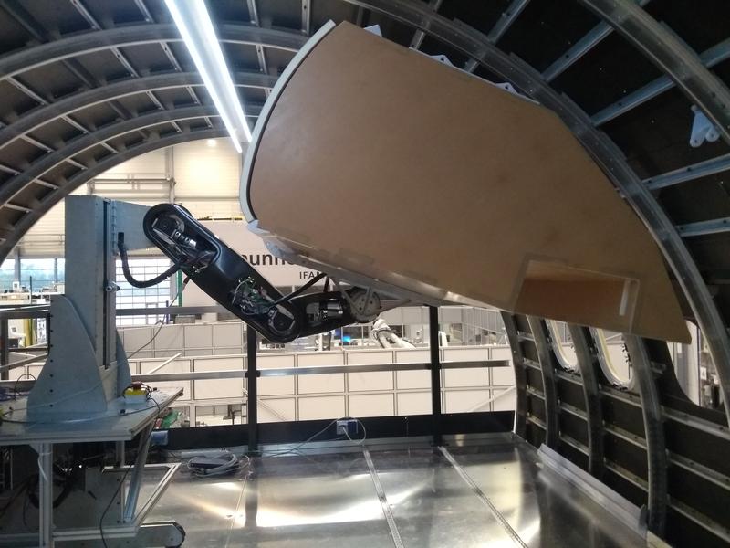 Clean Sky 2 – ACCLAIM l Automated assembly: high-precision positioning of a lightweight hand luggage compartment (hatrack) to the aircraft structure using a newly developed hatrack robot in the aircraft fuselage demonstrator