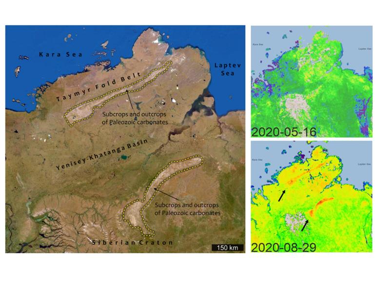 Links: Satellitenbild von Nordsibirien. Die beiden Züge von paläozoischen Karbonatgesteinen sind mit unterbrochenen gelben Linien markiert. Rechts oben: Methankonzentration in Nordsibirien aus Satellitenmessungen im Mai 2020; rechts unten: im August 202