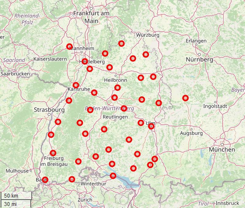 Verteilung der 40 Messstationen in der Regelzone von TransnetBW,  der Abstand benachbarter Messstationen beträgt 15 km  bis - 35km.  