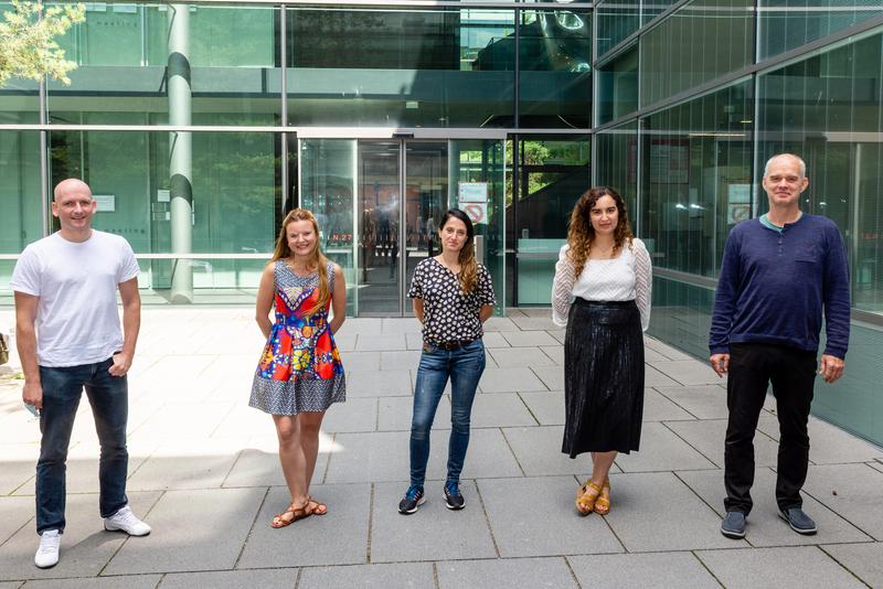 Das Forschungsteam aus dem Institut für Molekulare Virologie des Universitätsklinikums Ulm. (v.l.) Dr. Konstantin Sparrer, Caterina Prelli Bozzo, Dr. Meta Volcic, Rayhane Nchioua und Prof. Frank Kirchhoff.