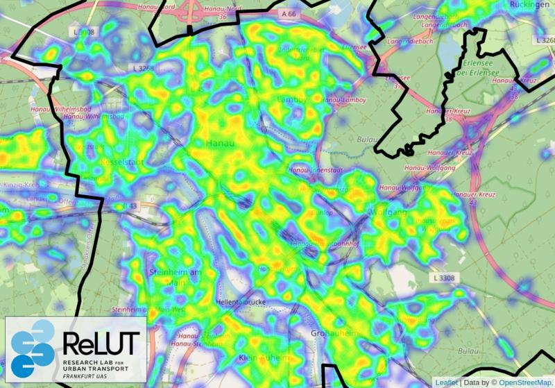 Daten zu Verkehrsströmen aus dem Rhein-Main-Gebiet werden für das Forschungsprojekt ASIMOW genutzt: Heatmap zu Pkw-Fahrtenden in der Stadt Hanau auf Basis von etwa 100.000 Fahrten, aus dem ReLUT-Projekt ClusterMobil.