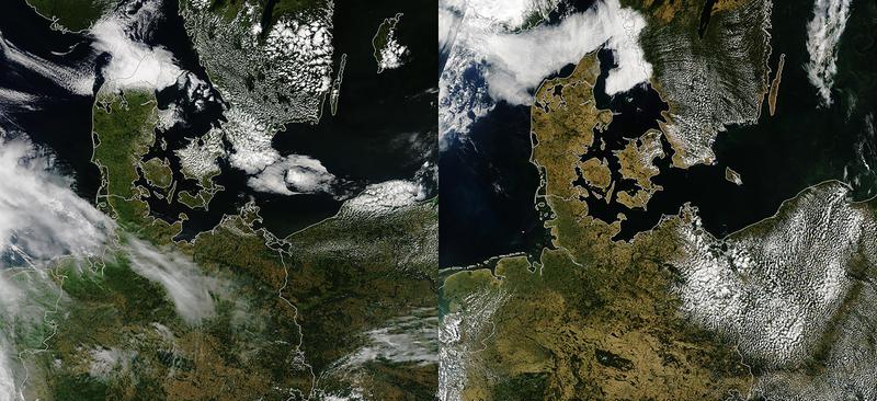 Hier wird ein Vergleich von Norddeutschland und Dänemark zwischen dem 19. Juli 2017 und dem 24. Juli 2018 gezeigt, und alle braunen Flächen (Echtfarben Image) deuten auf Dürre hin. 