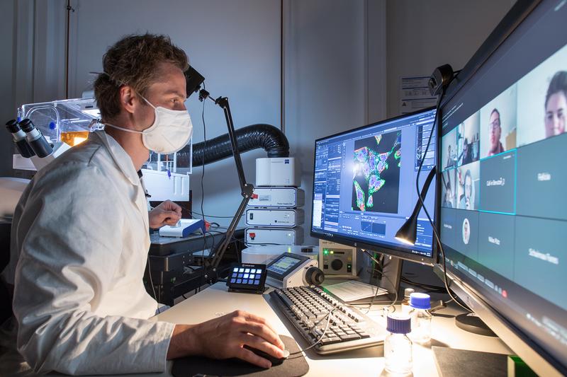 CAi-Mitarbeiter Dr. Sebastian Hänsch leitet einen Kurs zur Arbeit mit konfokalen Lasermikroskopen. Die Studierenden sind per Webex-Konferenz zugeschaltet und können das Mikroskop (links) über eine Remoteverbindung von zuhause aus bedienen. 