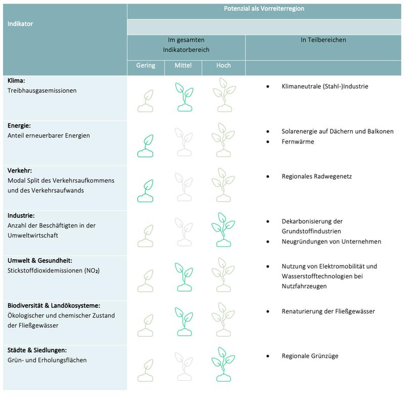 Die Tabelle stellt die Einschätzung des Vorreiterpotenzials im Überblick dar.
