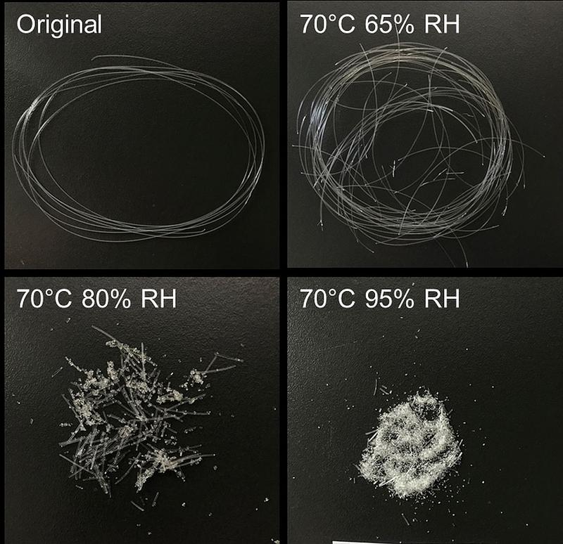 Aufnahme von PLA-Monofilamenten im Rasterelektronenmikroskop: Das Bild links oben zeigt den Originalzustand. Das Material wurde dann bei einer Temperatur von 70 Grad Celsius zwei Wochen gealtert, bei einer Luftfeuchtigkeit (RH) von 65 %, 80 % und 95 %.