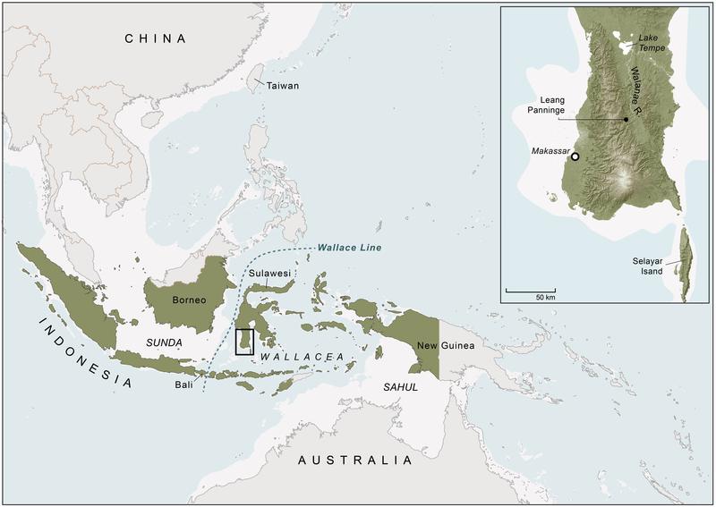 Die Karte von Südostasien zeigt das Gebiet Wallacea sowie die Insel Sulawesi, vergrößert der südliche Inselteil mit der Höhle Leang Panninge.