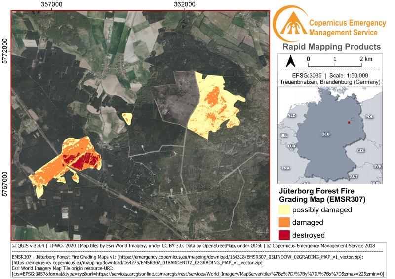 Nicht nur bei Waldbränden bieten die Copernicus-Dienste großräumige und detaillierte Informationen zu auftretenden Schäden 