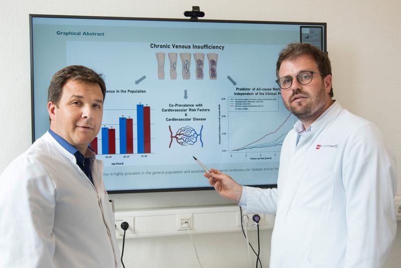 Neue Daten aus Mainz zeigen, dass die chronische Venenschwäche mit einem erhöhten Risiko für Herz-Kreislauf-Erkrankungen sowie einer höheren Sterblichkeit einhergeht. (v.l.n.r.: Univ.-Prof. Dr. Philipp Wild, Dr. Jürgen Prochaska)