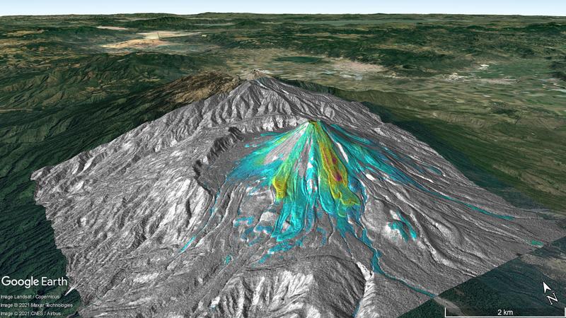 Die durchschnittliche Deformation über dem Vulkan Colima, Mexiko, für den Zeitraum 2017-2019 anhand deutscher TerraSAR-X-Daten.