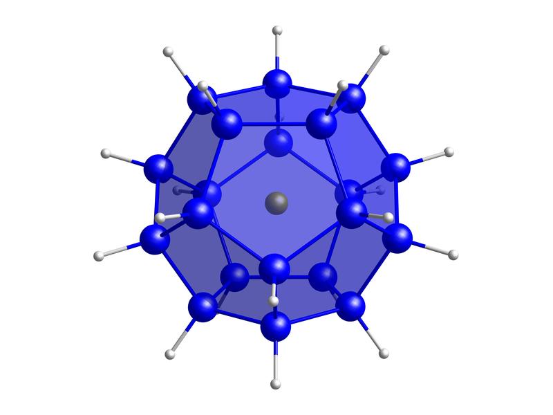 Die Siliziumkugel [Cl@Si20H20]−, die erstmals von Chemikerinnen und Chemikern der Goethe-Universität Frankfurt synthetisiert wurde und neue Anwendungen in der Halbleitertechnik verspricht. Blau: Silizium, grün: Chlorid-Ion, grau: Wasserstoff.