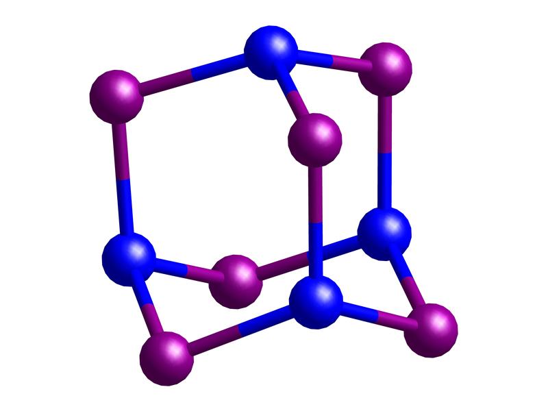 Building block for silicon-germanium alloys: A section of the silicon-germanium adamantane synthesised in Frankfurt (shown here without substituents). Blue: silicon, magenta: germanium.