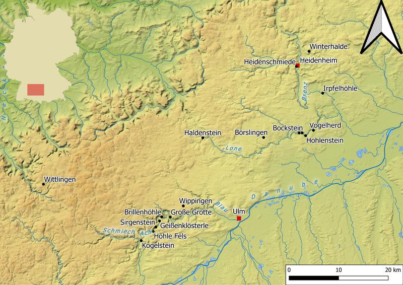 Vergrößerter Ausschnitt einer Deutschlandkarte mit eingezeichneten Fundstellen aus dem Mittelpaläolithi-kum des Schwäbischen Jura. Die Heidenschmiede liegt in Heidenheim an der Brenz auf der östlichen Schwäbischen Alb (oben rechts, rot markiert).