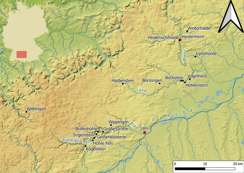 Enlarged section of a map of Germany, showing Middle Paleolithic sites in the Swabian Jura. The Heidenschmiede is located in Heidenheim an der Brenz on the eastern Swabian Jura (top right, marked in red). 