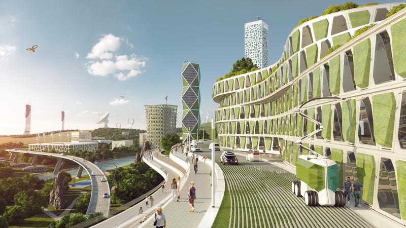 Die Stadt der Zukunft – Mikroorganismen produzieren Nahrungsmittel und Biokunststoffe an den Fassaden 