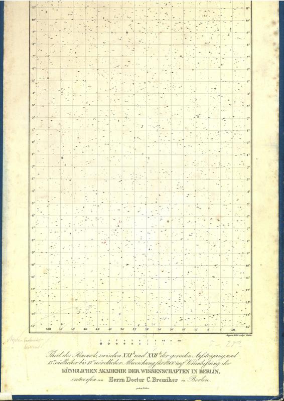 Ausschnitt der Hora XXI-Himmelskarte der Berliner Wissenschaftsakademie, fertiggestellt von Carl Bremiker. Der vorhergesagte Ort Neptuns (Quadrat) und der beobachtete Ort (Kreis) wurden mit Bleistift notiert, angeblich von Galle.