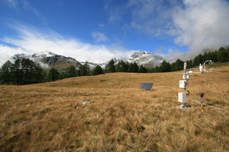 Der Versuchsstandort in Torgnon (Italien), ein Grasland auf etwa 2100 m Höhe in den westlichen italienischen Alpen, das zum Integrierten Kohlenstoffbeobachtungssystem (ICOS) und zum FLUXNET-Netzwerk gehört. 