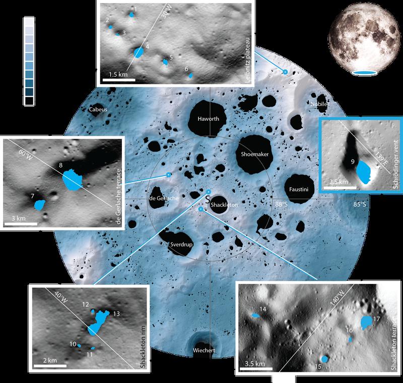 Die 17 neu untersuchten Krater und Senken befinden sich in der Nähe des Südpols. Während das kleinste dieser Gebiete (Gebiet 11) eine Fläche von nur 0,18 Quadratkilometern hat, misst das größte (Gebiet 9) 54 Quadratkilometer. 
