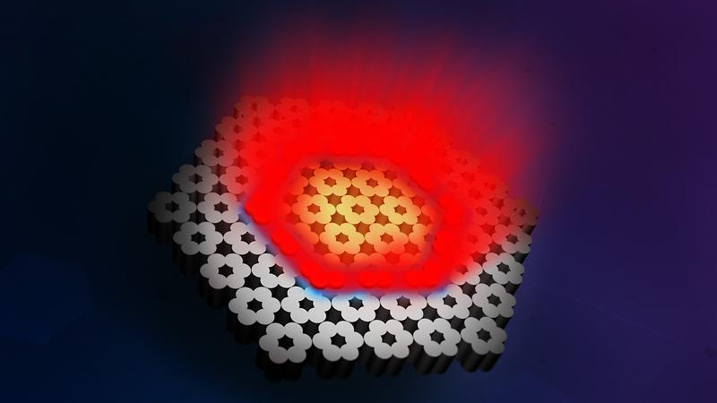 Illustration eines topologischen Lasers, bestehend aus 30 gekoppelten oberflächenemittierenden Lasern. Alle Mikrolaser entlang einer topologischen Grenzfläche (blau) verhalten sich wie ein Laser und strahlen gemeinsam kohärentes Laserlicht aus (rot).