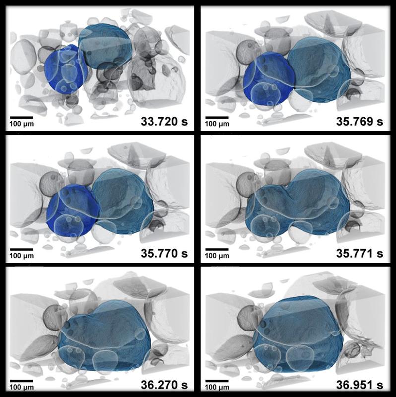 Metallschäume auf Basis von Aluminumlegierungen werden als Leichtbaumaterialien untersucht, zum Beispiel für den Bau von Elektroautos. Dabei kommt es auf die Morphologie und Vernetzung der Bläschen an, um die gewünschten Eigenschaften zu erzielen.