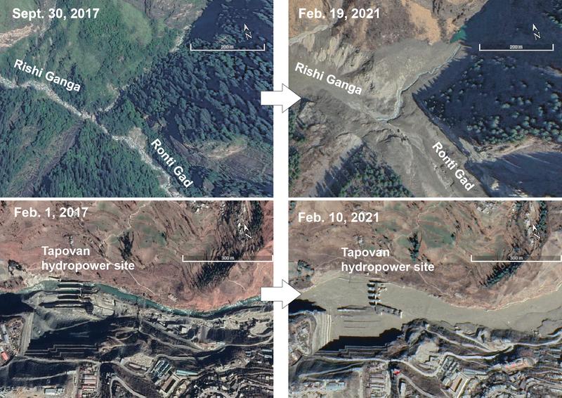 Vorher-Nachher Satellitenaufnahmen vom betroffenen Rishi Ganga Fluss sowie eines dort gelegenen Wasserkraftwerks. 