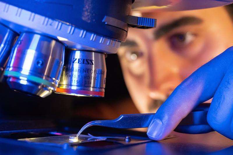 Vahid Nozari von der Universität Jena plaziert eine Materialprobe unter einem Mikroskop während der Untersuchung eines neuen synthetischen Glases, das aus einer nichtschmelzbaren metallorganischen Gerüstverbindung MOF (Metal Organic Frameworks) besteht.
