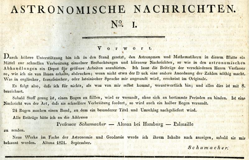 Preface of AN volume 1, number 1 from H.C. Schumacher. 