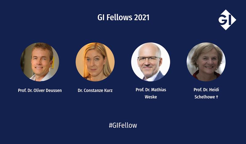 Die GI-Fellows 2021: Prof. Dr. Oliver Deussen, Dr. Constanze Kurz, Prof. Dr. Mathias Weske und Prof. Dr. Heidi Schelhowe † 