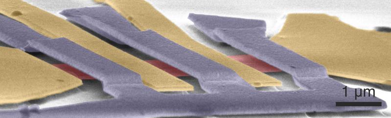 Rasterelektronenmikroskop-Bild einer kontaktierten, zwei Atom dicken, freischwebenden Graphen Flocke, über der eine freischwebende Metallbrücke schwebt. Die Goldkontakte sind gelb, die Graphen-Doppellagen rot und die Metallbrücke blau eingefärbt.
