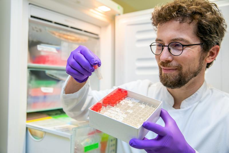 Dr. Richard Taubert with blood serum samples from the antibody studies on autoimmune hepatitis.