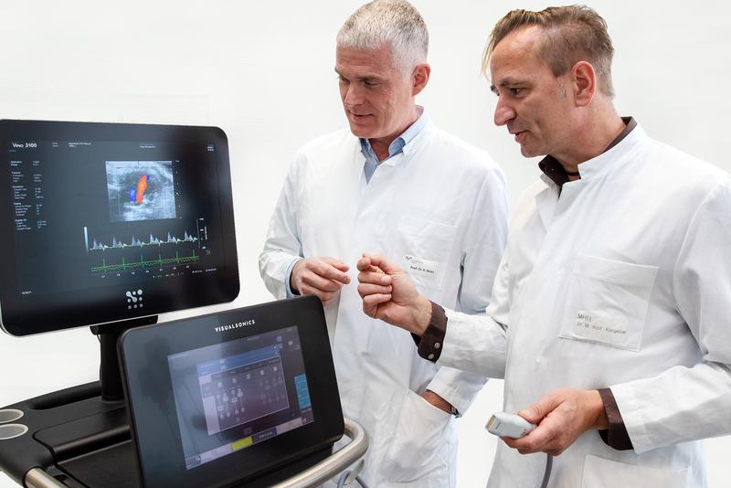 Professor Dr. Kai Wollert (links) und Dr. Mortimer Korf-Klingebiel mit der Ultraschallaufnahme eines Mäuseherzens.