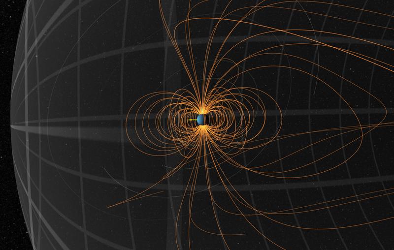 Dargestellt ist eine Momentaufnahme des Magnetfeldes des Uranus im Januar 2007. 