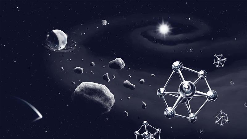 Illustration der Planetenentstehung um einen sonnenähnlichen Stern, wobei die Bausteine der Planeten – Gestein und Eisenmoleküle – im Vordergrund zu sehen sind. 