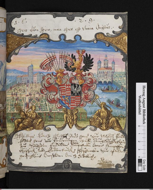 Digitalisat des Eintrags des kursächsischen Hauptmanns Philipp Ernst von Mansfeld-Artern (1560–1631), 1629, der neben einer Devise, Wappen, Allegorien und einer handschriftlichen Widmung eine kleinteilige höfische Szenerie im Hintergrund zeigt 