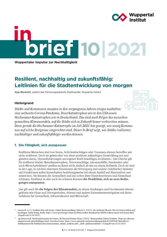 Cover In Brief „Resilient, nachhaltig und zukunftsfähig: Leitlinien für die Stadtentwicklung von morgen