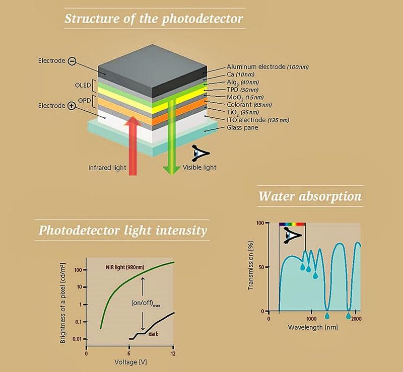 The Infrared (IR) photodetector resembles a sandwich of several layers. IR light is absorbed in the organic photodetector (OPD), creating electrical charges.