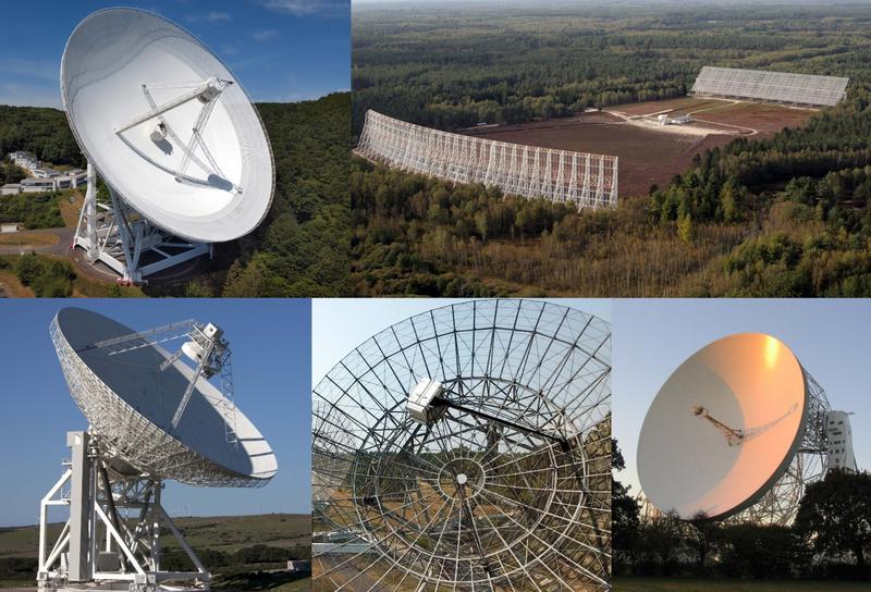 EPTA-Netzwerks. Im Uhrzeigersinn von oben links:100-m Effelsberg (Deutschland), Nançay (Frankreich), Jodrell-Bank (Großbritannien), Westerbork-Synthesis-Radioteleskop (Niederlande), Sardinien-Radioteleskop (Italien).