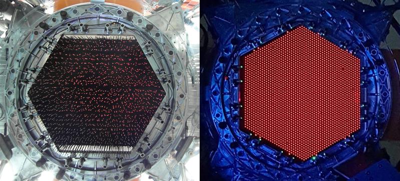 The 4MOST AESOP fibre positioner with all the fibres back-illuminated with red light.