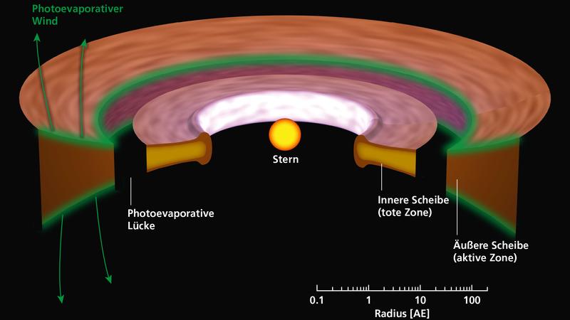 Skizze einer Übergangsscheibe um einen sonnenähnlichen Stern.