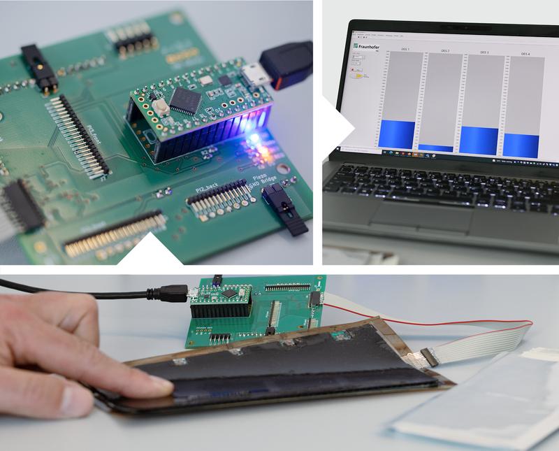 Sensor-Array und erweiterte CMS-Schaltung zur Messung und Auswertung der  Sensorsignale. Das Sensor-Array misst die Verformung der Batterie beim Zyklisieren. 