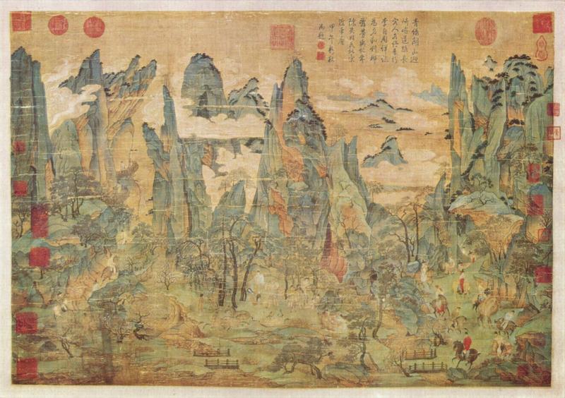 Der Tang-Kaiser Xuanzong, einer der bekanntesten Kaiser von China, flieht von Chang'an in die Provinz Sichuan, um der Gewalt während des An-Lushan-Aufstands 755 n. Chr. zu entkommen. 