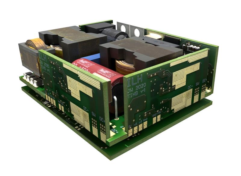 3D animation of the power electronic circuitry of the battery charger: in order to modulate the current, modular half-bridge boards on the sidewalls are enclosing the passive components placed on the inside.