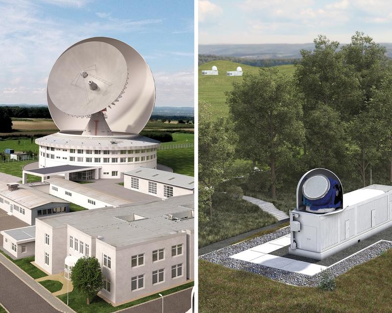 Links: Weltraumbeobachtungsradar TIRA (Tracking and Imaging Radar) am Fraunhofer FHR in Wachtberg/Bonn. Rechts: Schematische Ansicht Radarnetzwerk zur Weltraumüberwachung bestehend aus GESTRA EUSST Empfänger (Vordergrund) und GESTRA-System (Hintergrund).