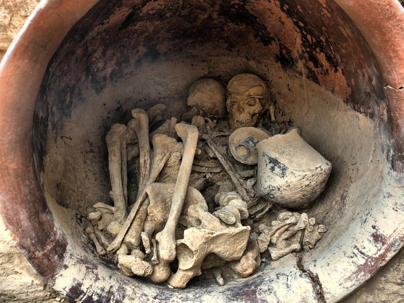 Doppelbestattung in Grab Nr. 38 der Siedlung La Almoloya (Pliego, Murcia). Dies ist eines der reichsten Gräber, die bisher in einer Siedlung der El Argar-Kultur (2.200 bis 1.550 v.u.Z.) entdeckt wurden.