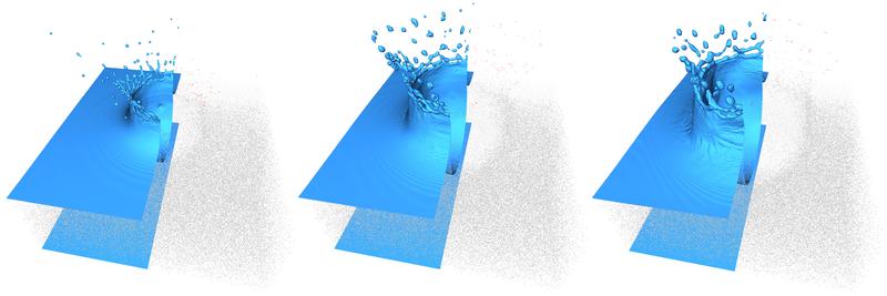 A raindrop ejects droplets from the upper water layer. The graph shows the changes that occur three, six and nine milliseconds after impact (from left).