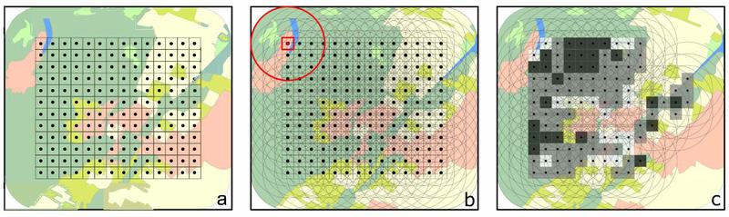 Computergestützte Auswahl der Versuchsflächen. Mit Hilfe eines Geoinformationssystems werden Landschaftsaspekte berechnet und später bei der Auswahl der Flächen berücksichtigt. Die finalen Karten (rechts) zeigen mögliche Standorte an.