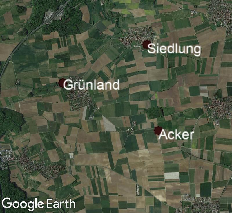 LandKlif study region in Bavaria with three experimental sites (grassland, arable land, settlement). The region is predominantly used for agriculture and has a warm climate.