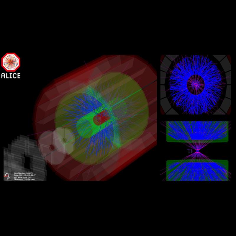 Der ALICE-Detektor zeichnet unter anderem die Spuren der Teilchenschauer auf (blaue Linien), die durch die Kollisionen der schweren Atomkerne entstehen. Die ersten Messdaten zeigen: Der Umbau war erfolgreich.