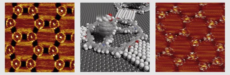 Li.: Rastertunnelmikroskopie-Bild zeigt Moleküle (weiße Ringe) mit ihren drei dunklen Armen. „Fahnenstangen“ = helle Punkte in Ringzentren. Mitte: Modell eines molekularen Mercedesstern-förmigen Moleküls. Re.: Fullerene an Fahnenstangen (weiße Streifen).